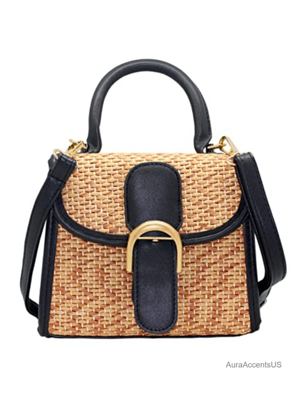 Straw Woven Satchel Crossbody Bag PU Leather Small